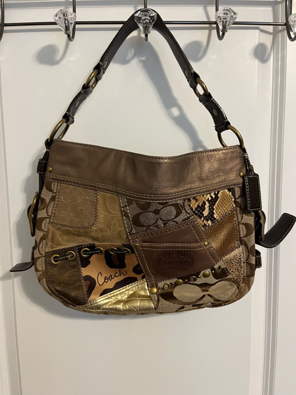 Vintage Coach Patchwork Signature Shoulder Bag in Brown and Gold Tones